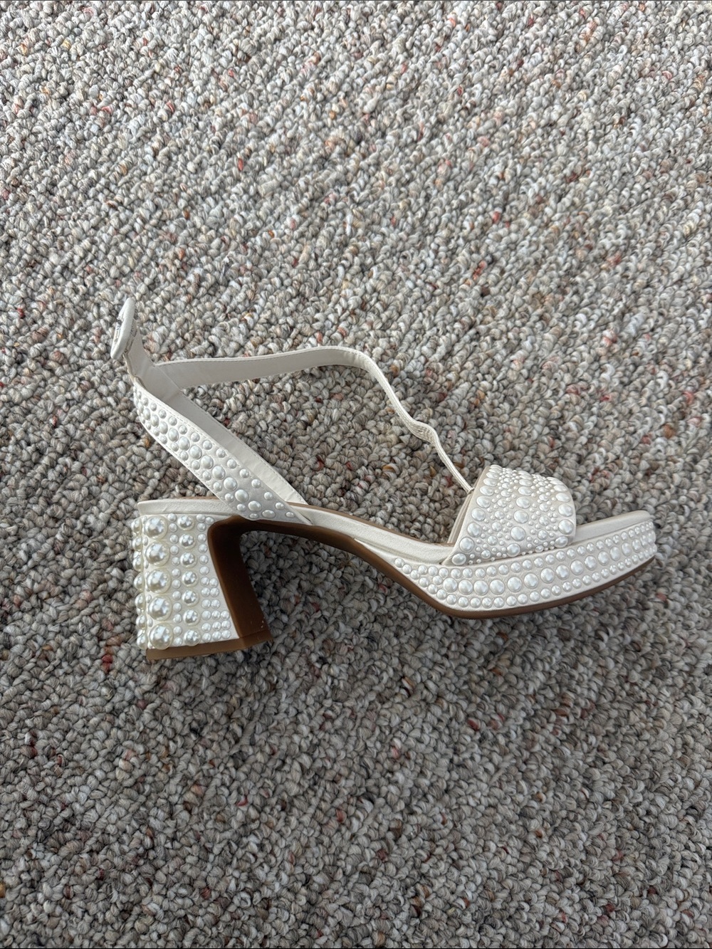Pearl-Embellished White Block Heel Sandal